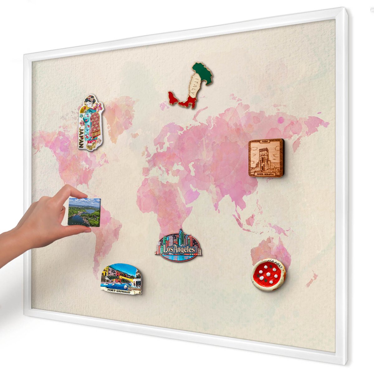 Artprintcave Roze Magneetbord mit Witte Lijst - 80x60 cm - Wereldkaart Magneetbord Voor Keuken - Waterverf Bord Voor Magneten - Kaarten