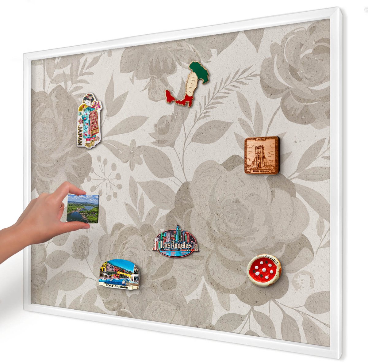 Artprintcave Beige Magneetbord mit Witte Lijst - 80x60 cm - Vintage Bloemen Magneetbord Voor Foto's - Vintage Magneet Bord mit Frame - Bloemen En Planten