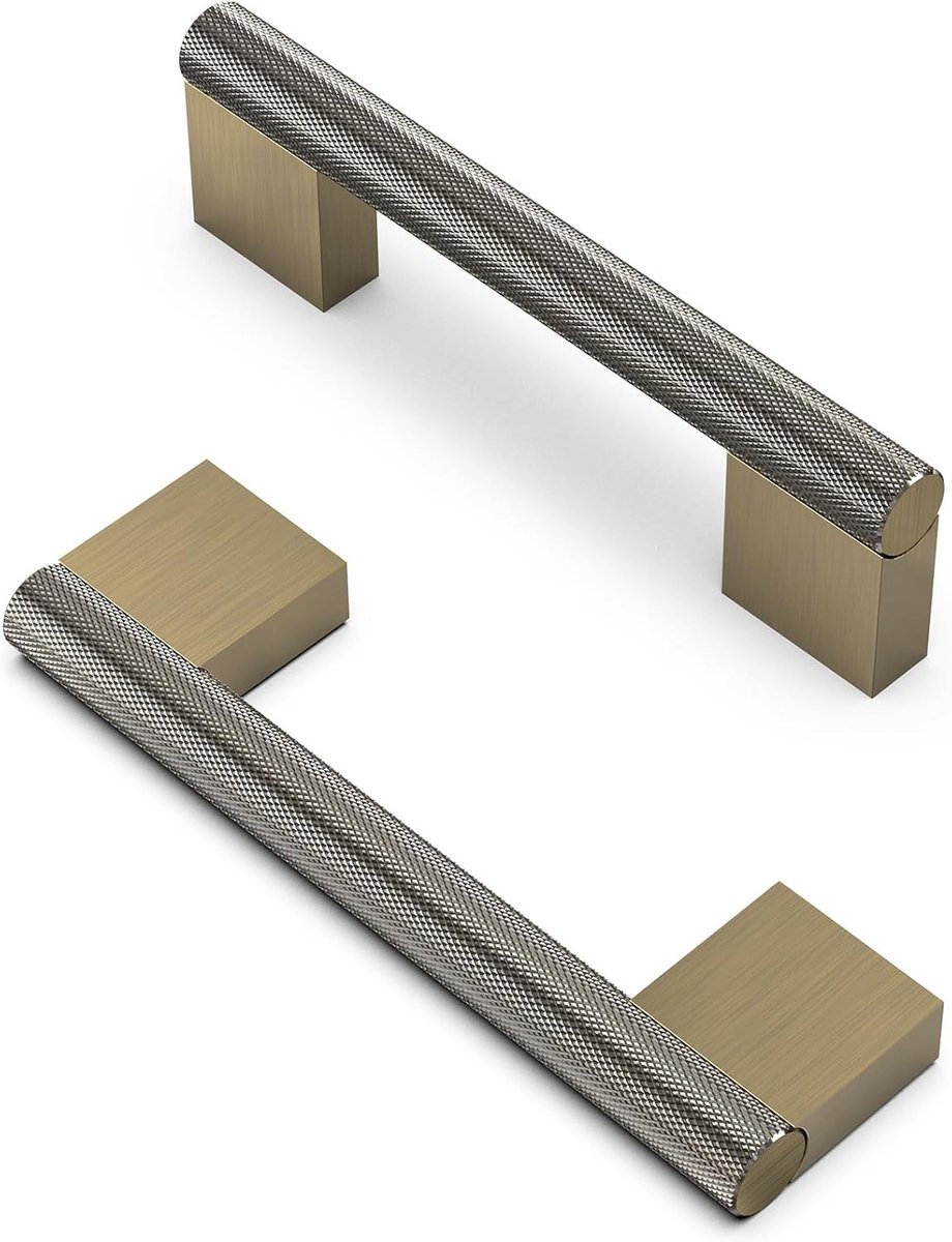 Vintage Kastgrepen in Antiek Messing, Knurled Design voor Keuken en Meubels, 96 mm Boorgatafstand, Set van 10