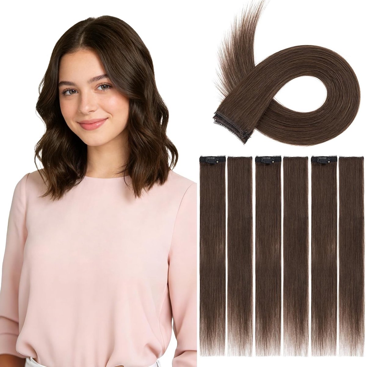 Clip-in Haarextensions van 100% Echte Menselijke Haar, 6 Stukken met Clips, 25CM Donkerbruin voor Vrouwen en Kinderen, Natuurlijk Uiterlijk en Gemakkelijk te Gebruiken