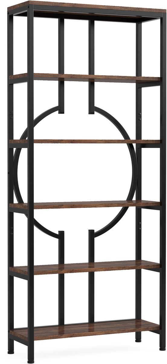 DMG Supply Boekenkast - Open met Rond Frame - 6 Lagen - 70 x 30 x 180 cm - Bruin en Zwart - Plaatmateriaal en Metaal