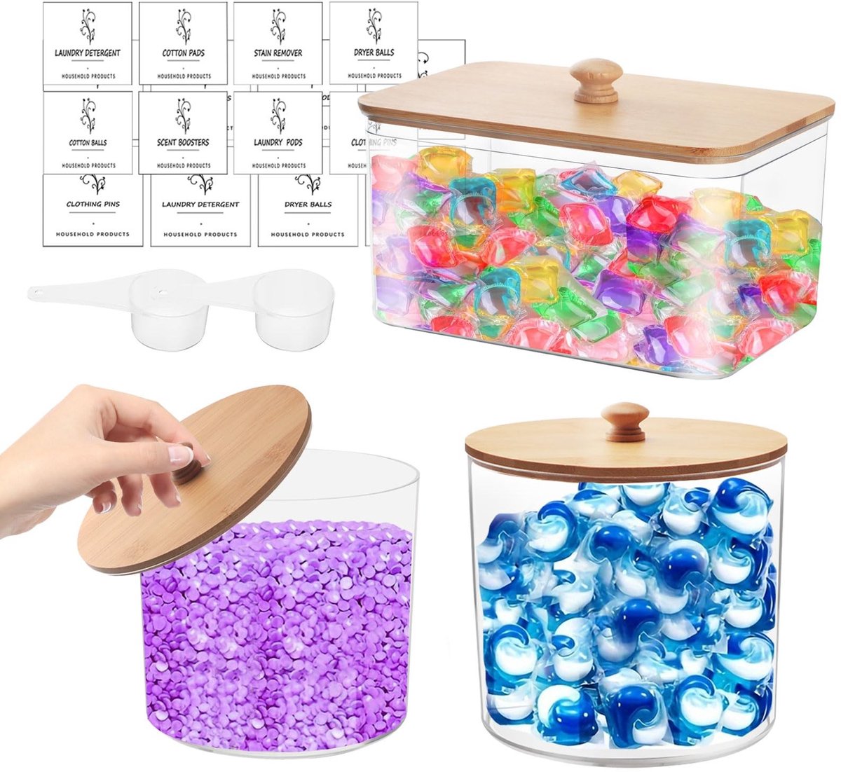 Omgoods - Set van 3 Wasmiddel Opslagdozen met Labels en Lepels
