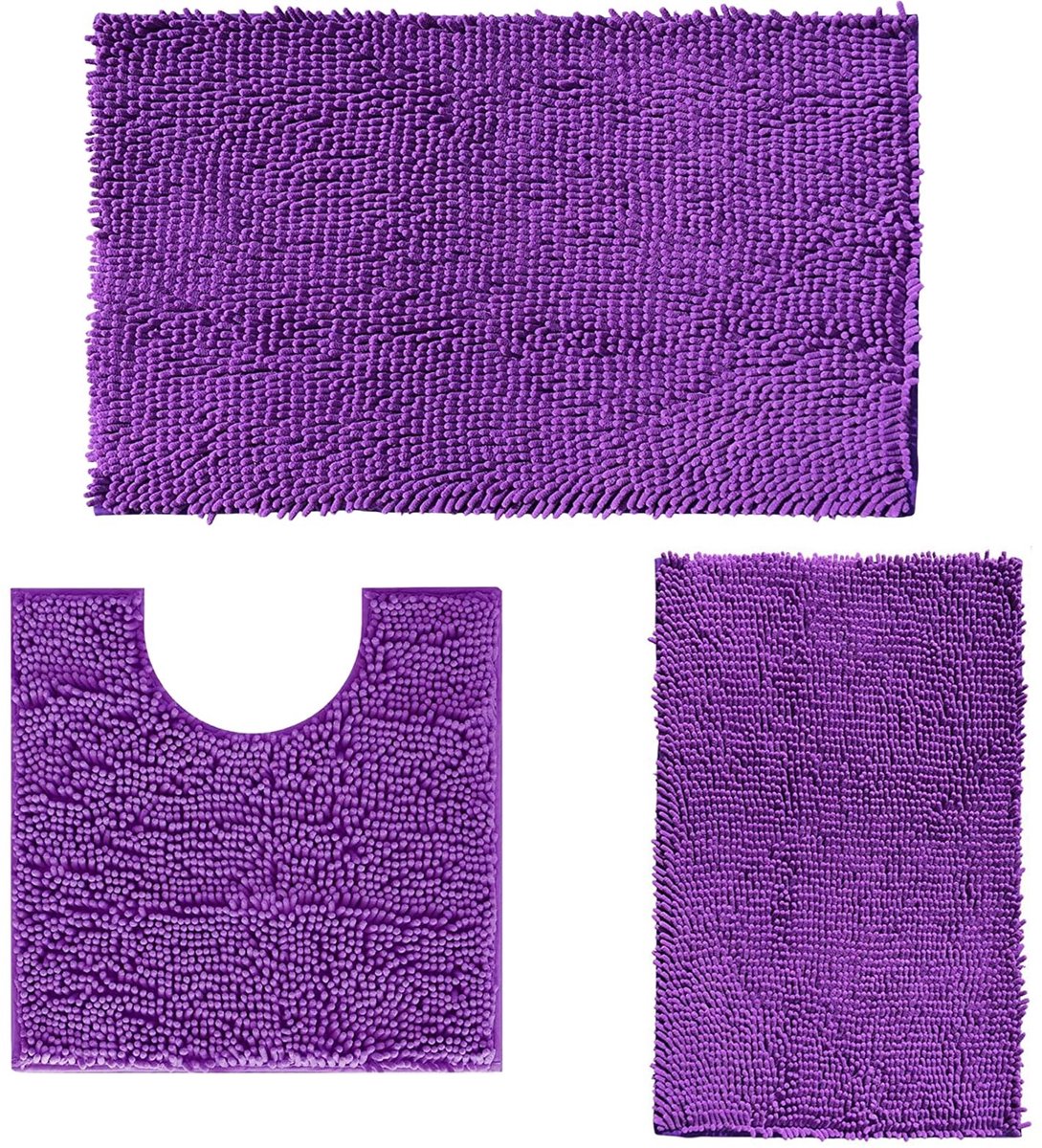 Omgoods - Set van 3 Chenille Badmatten Antislip (Donkerpaars)