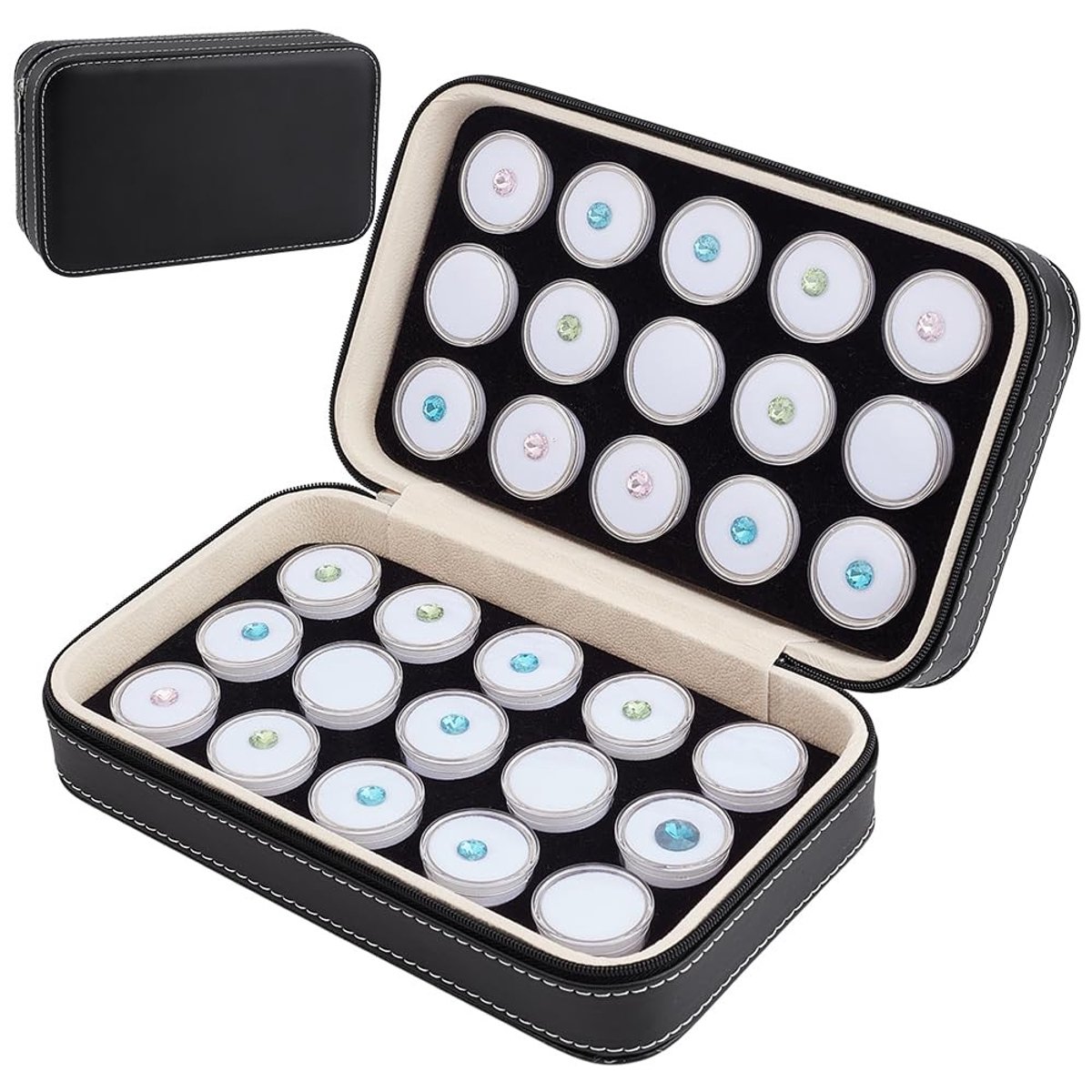 Omgoods- Sieradenbox Lederen - 30 Stuks Edelstenen Potten - Opbergdoos met Deksel - Diamant Dozen - Creatieve Opslag - 20.5x13x6cm