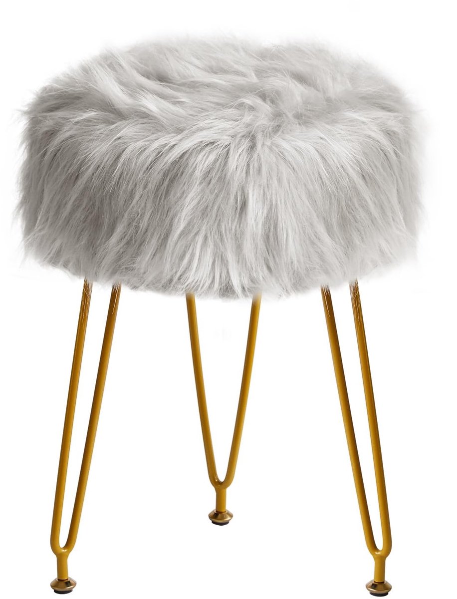 Omgoods - Grijze Faux Fur Makeup Kruk - Zacht Gepolsterd Voetensteuntje met Metalen Poten