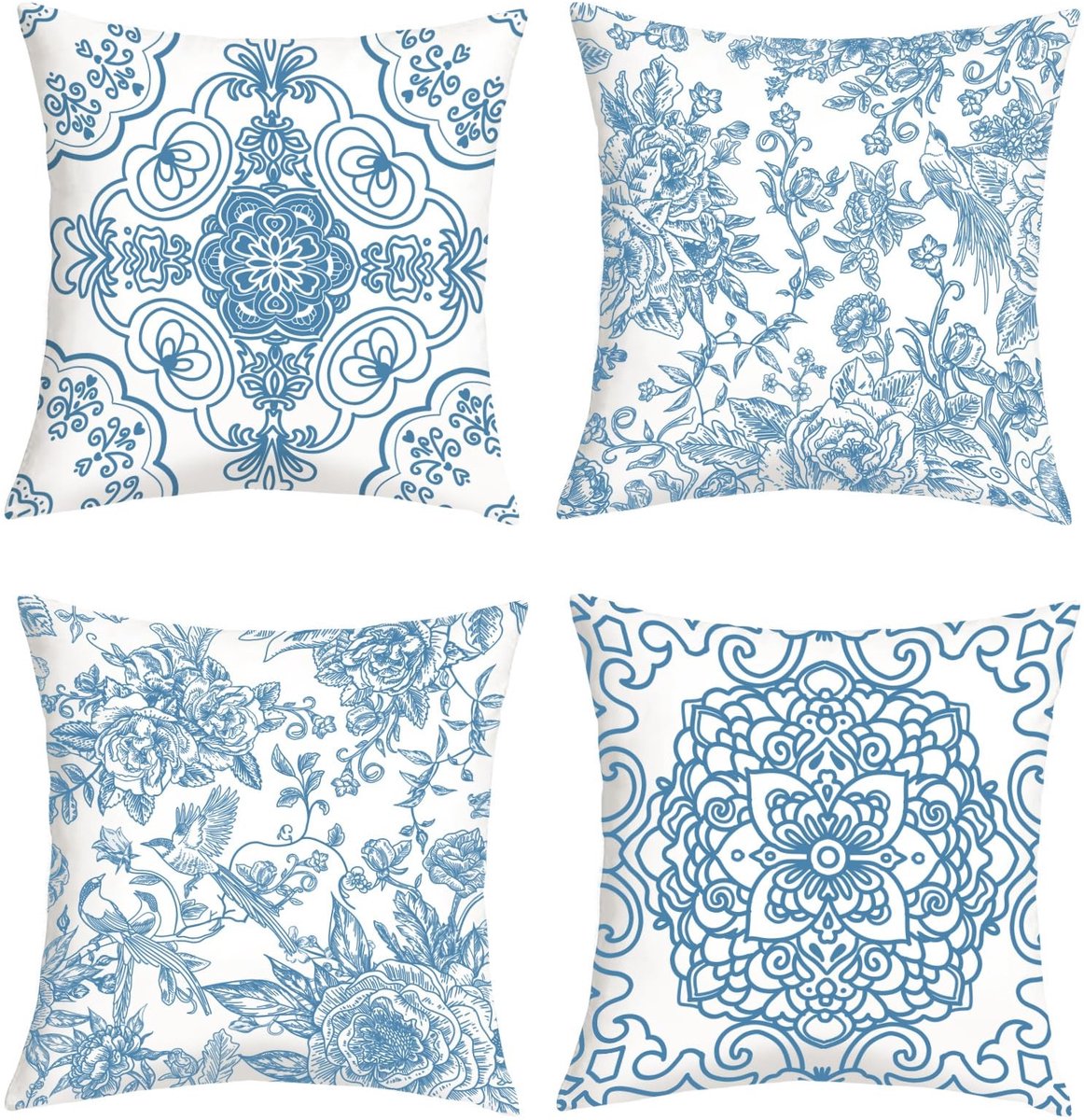 Omgoods - Set van 4 Bloem Kussenhoezen 45 x 45 cm Blauw Wit