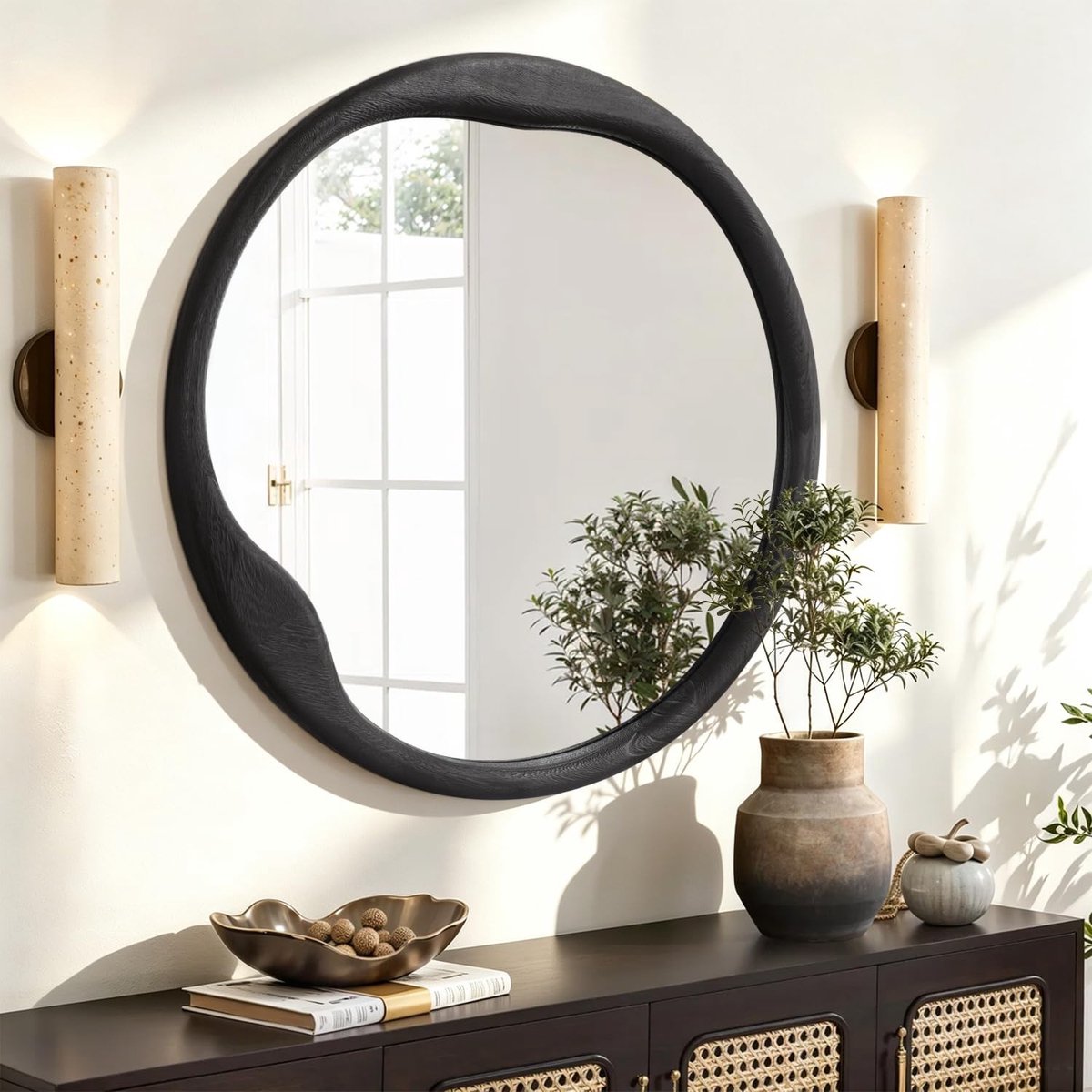 Omgoods - Ronde Spiegel met Houten Frame, 50 cm, Zwart
