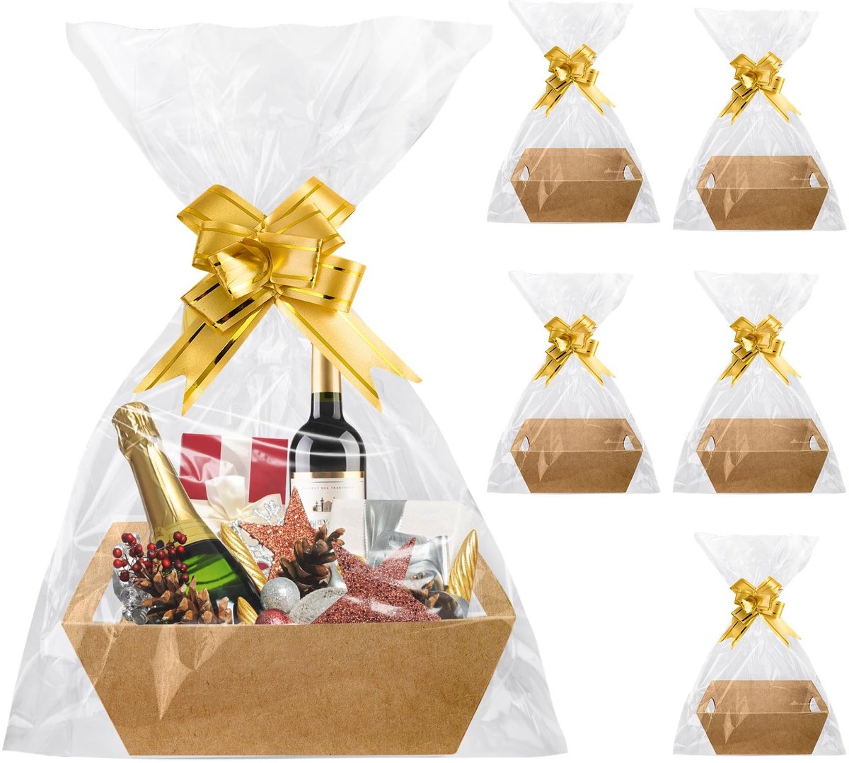 Omgoods- Geschenkmand Set van 6 - Kartonnen Manden - Hoogwaardig Materiaal - Handgrepen - Transparante Geschenkzakjes - Perfect voor Feesten - Cadeaumand