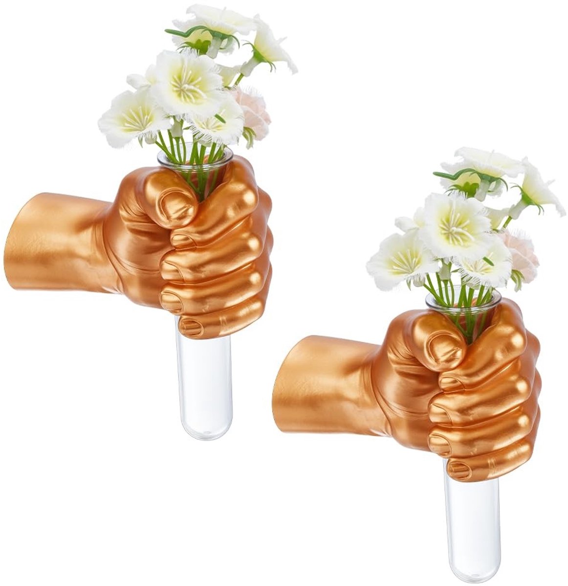 Omgoods- Wandsculpturen Gouden Handvazen - Wanddecoratie Kunst - Muurbevestiging - Funky Bloemenvaas - Reageerbuis - Hoogwaardig Kunststof