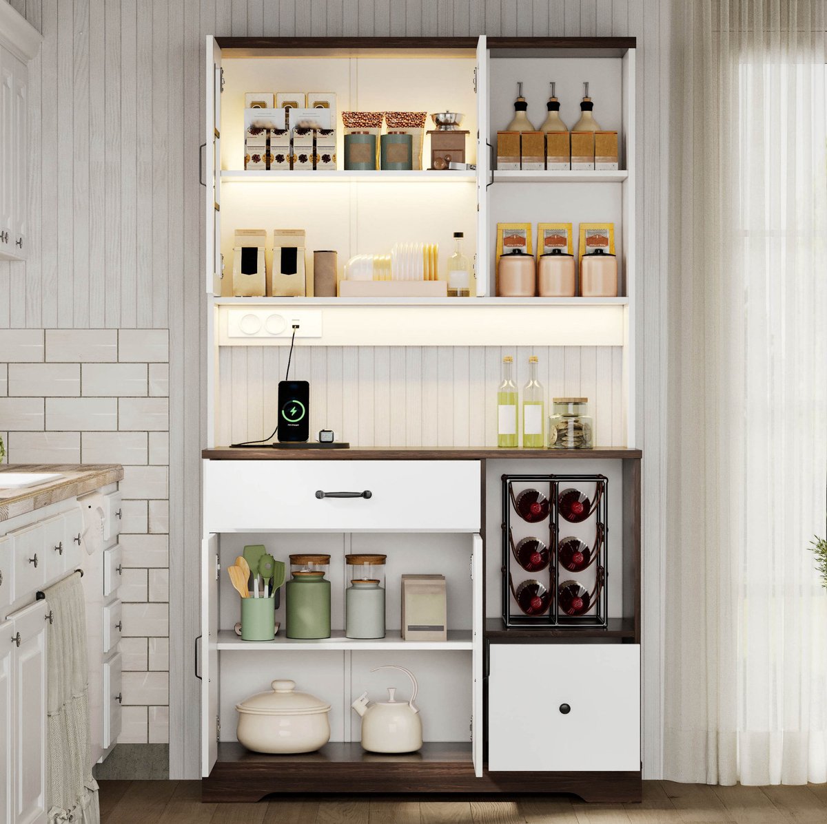 COVREO Keukenkast 105x40x185 cm wit naturel, MDF met LED en stopcontacten