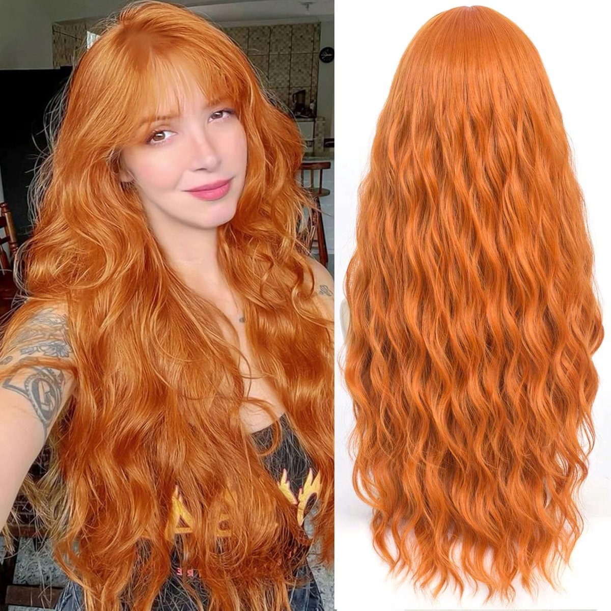 Lange Oranje Golvende Wieg met Pony voor Vrouwen, Losse Krullende Synthetische Haarstuk van 80 cm