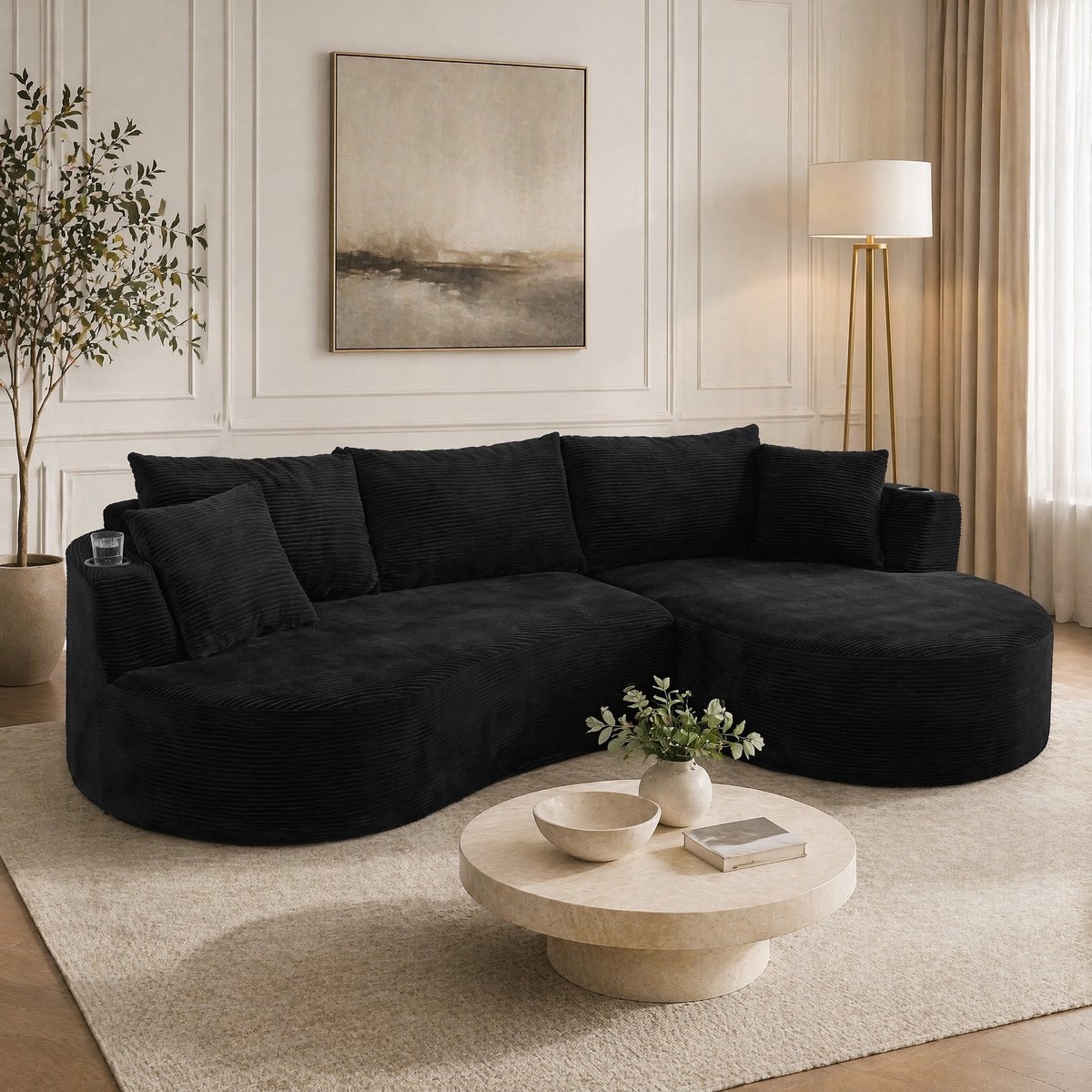 MODENUIT Hoekbank 264 x 168 cm - Chaise Longue Met Bekerhouders En Kussens - Woonkamer - Ribstof Zwart