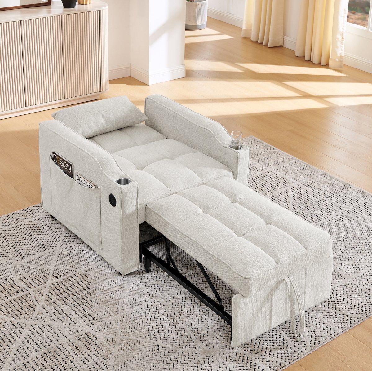 MODENUIT Fauteuil 85 cm - 3-in-1 Met USB-C, Bekerhouder En Bedfunctie - Voor Kleine Ruimtes - Stof Beige