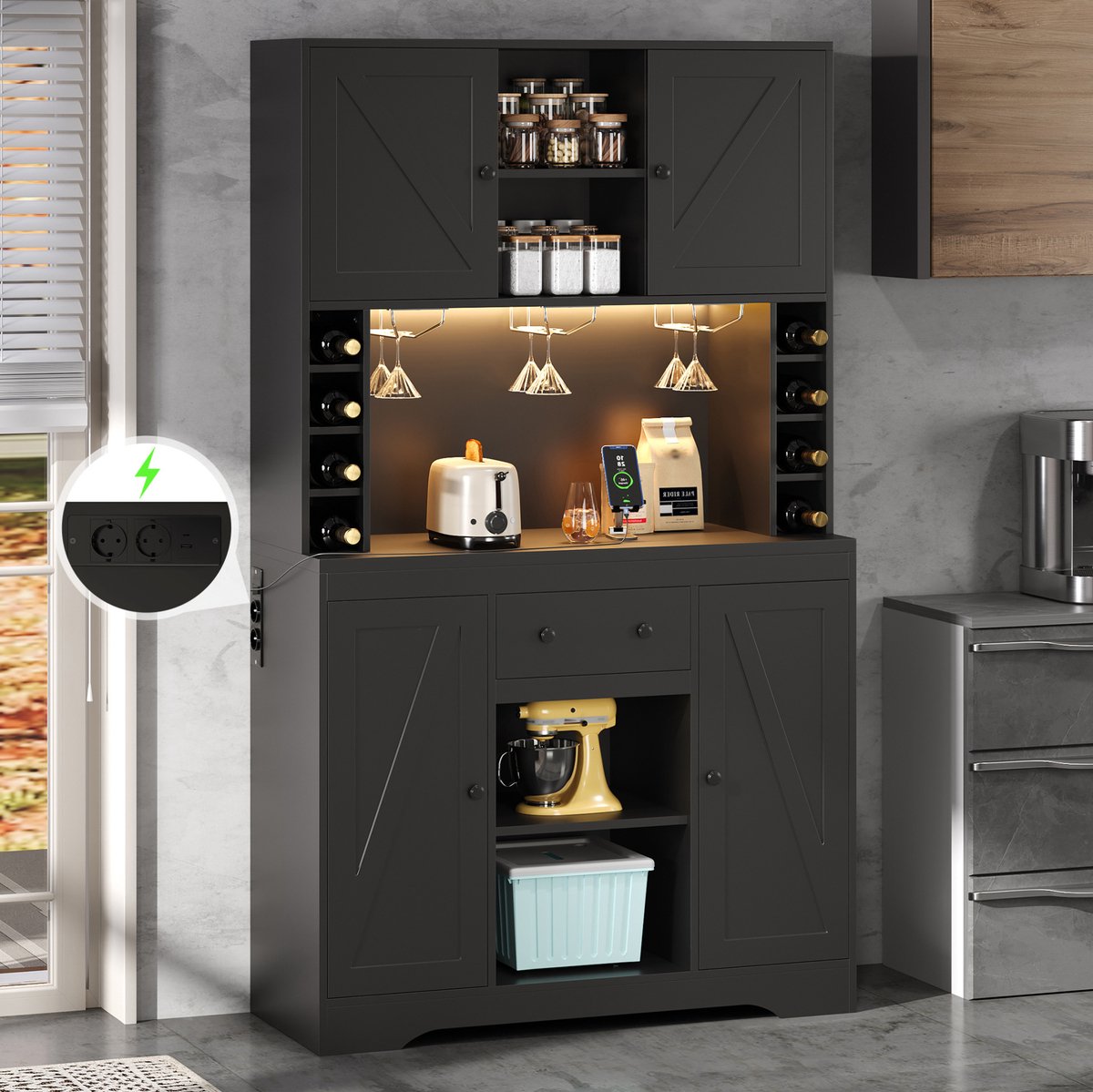 COVREO Keukenkast 105x40x180 cm zwart, MDF met LED en stopcontacten