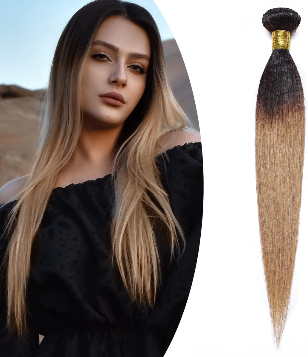 Echte Haar Extensions, 1 Bundel, 100% Onbewerkte Menselijke Haar Weave, Steil, 45 cm, Natuurlijke Zwart/Honingblond, Perfect voor Volume en Lengte