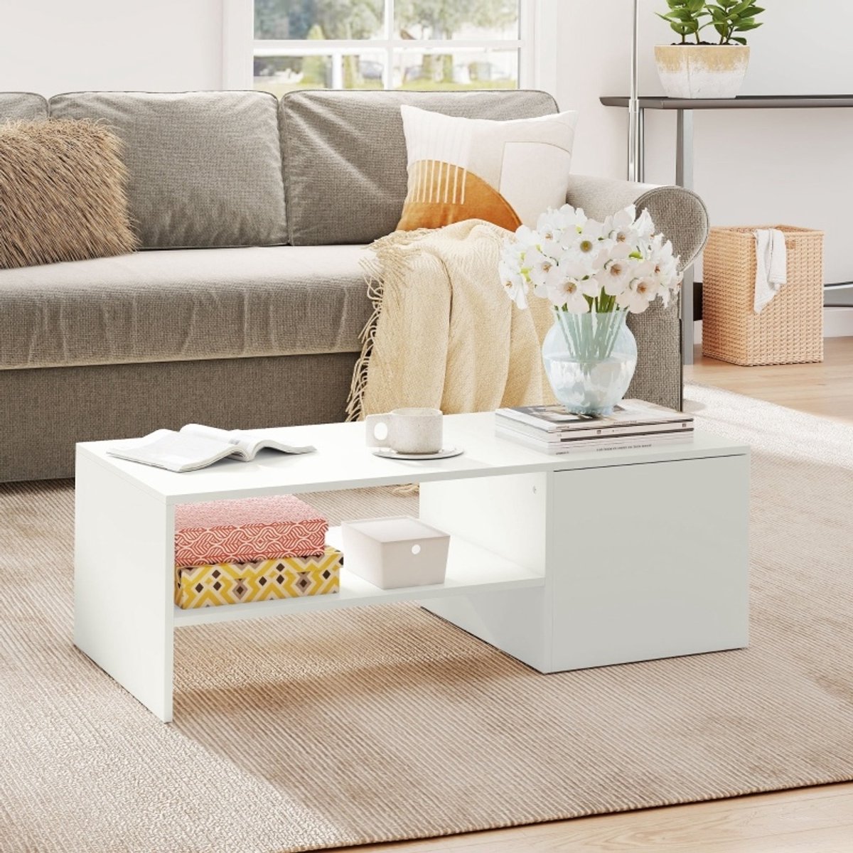 FloraGrace Salontafel - Verstelbaar Schuifblad Met Opbergruimte - Voor Woonkamer En Tijdelijk Werkblad - Hout - 110x52x36 Cm - Wit