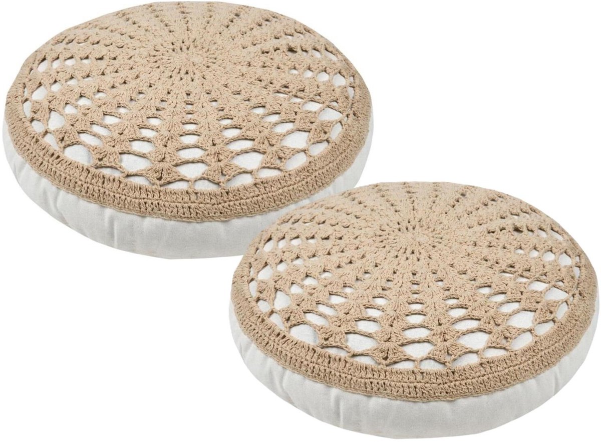 Stof Textile Vloerkussen Mekong - 2x - rond - beige - katoen - 45 x 8 cm - Extra dik grond zitkussen / matraskussen