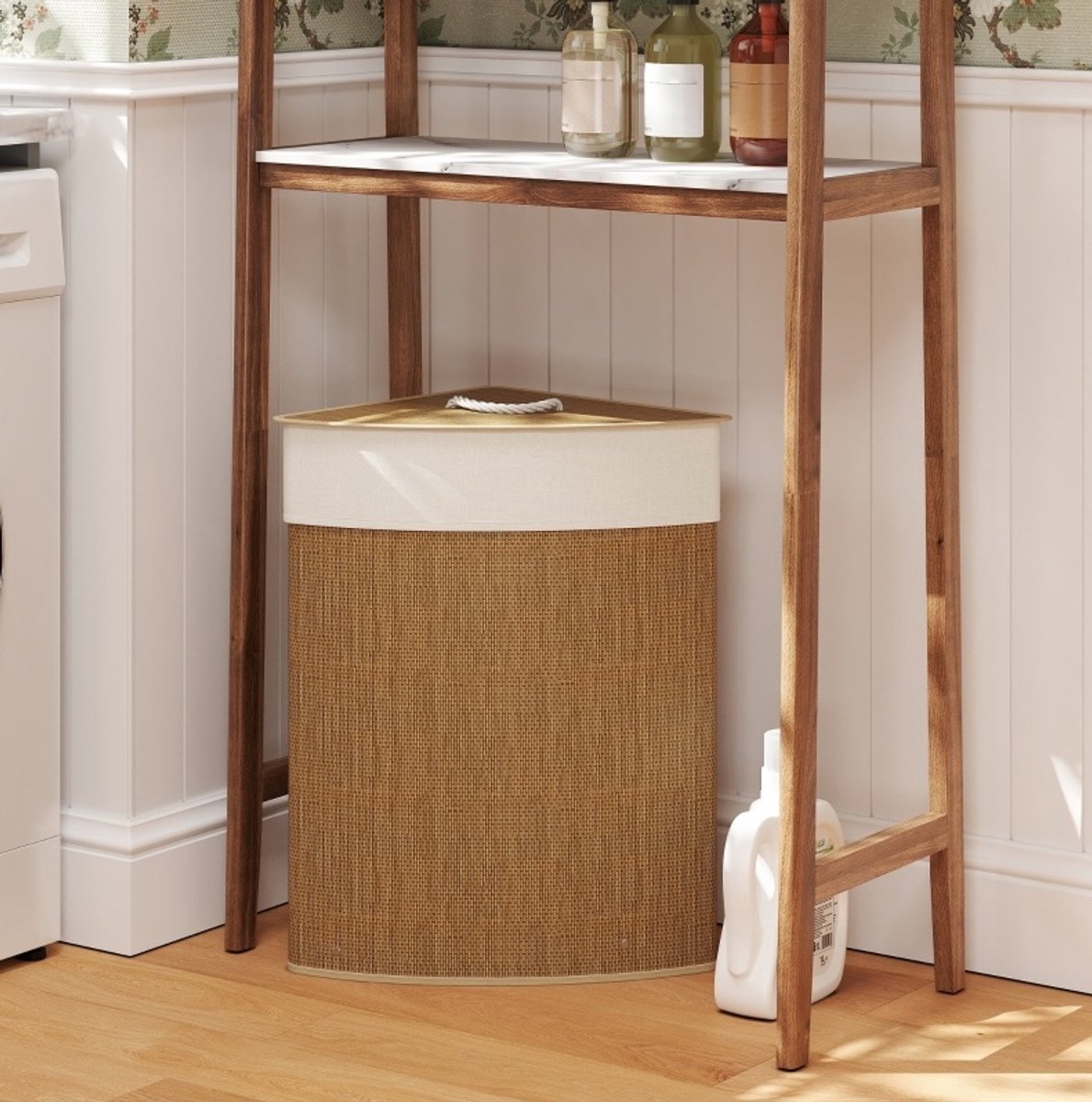 COVREO Wasmand 35x35x60 cm bruin, bamboe met deksel en uitneembare waszak