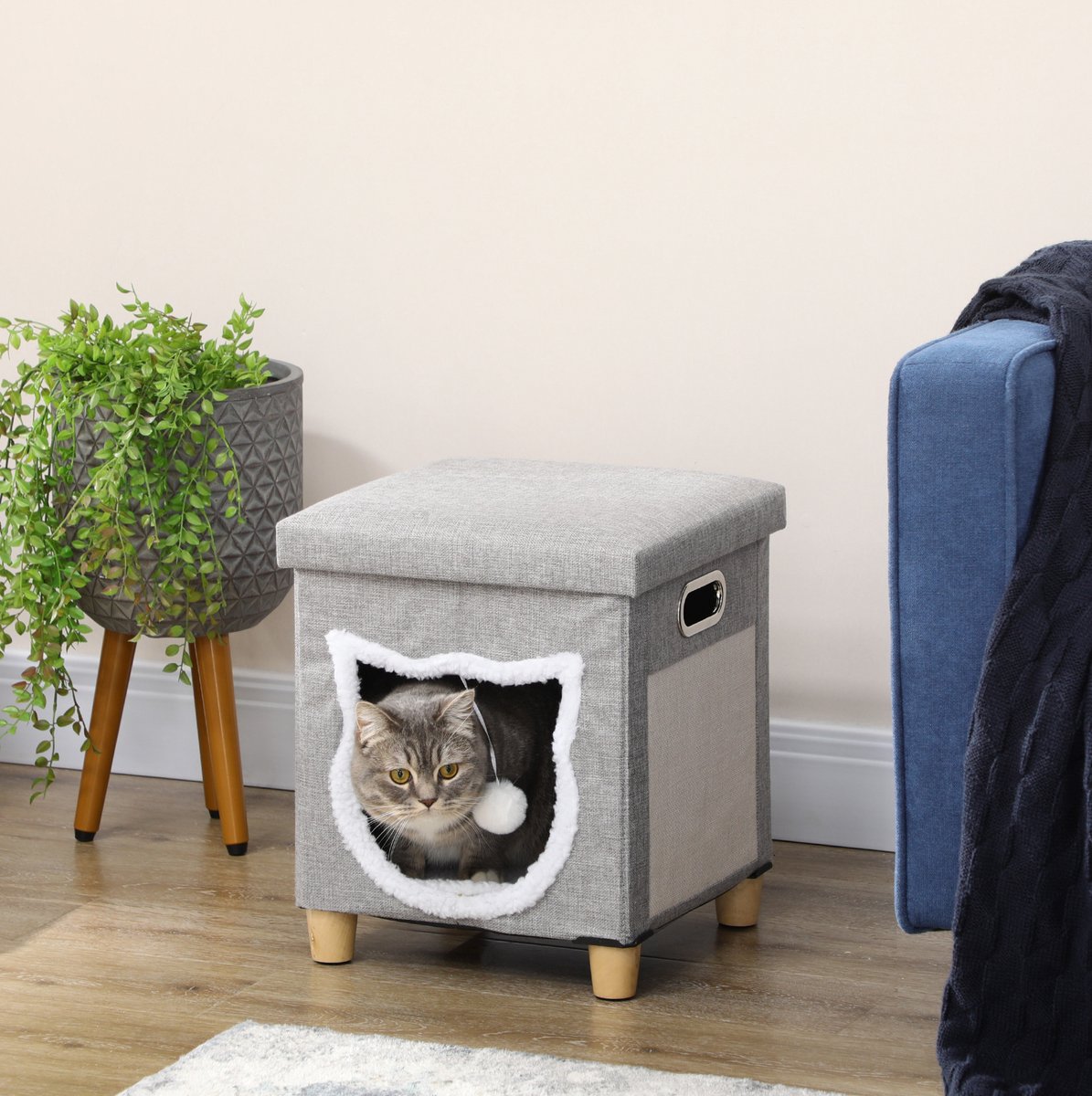 REDOM - Kattenhocker met kattenhuisje - Krabmat en speelbal - Met kussen en draaggreep - Polyester - Grijs - 35,5 x 35,5 x 42,5 cm