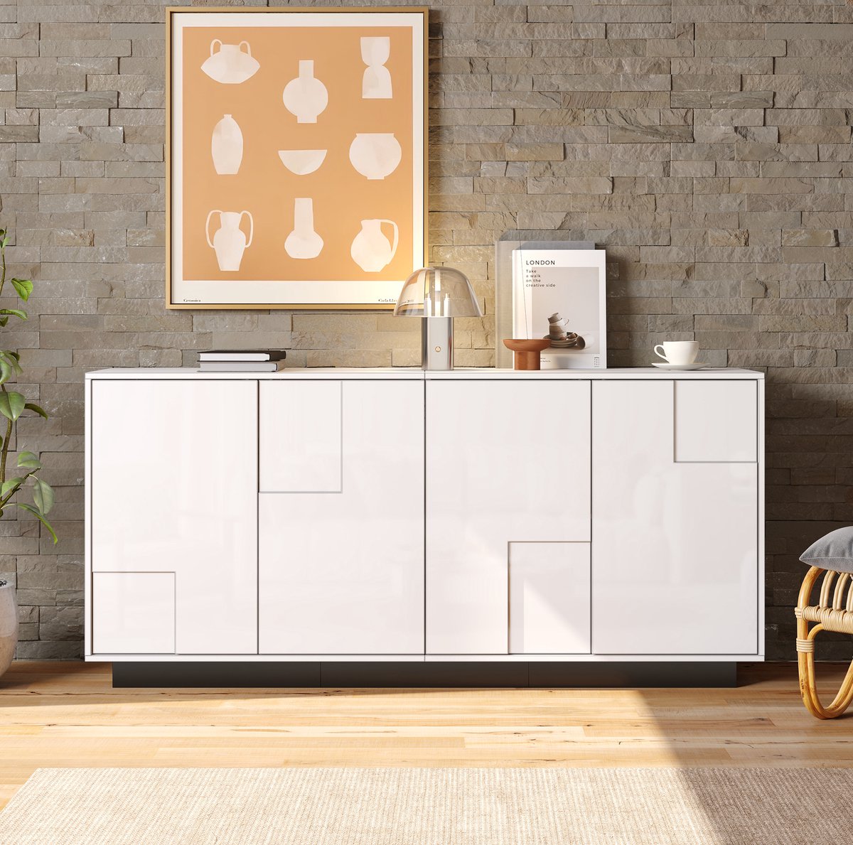 FloraGrace Dressoir - Hoogglans Opbergkast Met 4 Deuren En Push To Open - Voor Woonkamer - Spaanplaat - 160x37x75,5 Cm - Wit Zwart