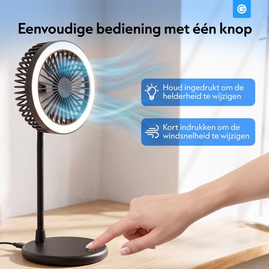 Zwarte bureauventilator met LED-ring, bediend met één knop voor snelheid en helderheid.
