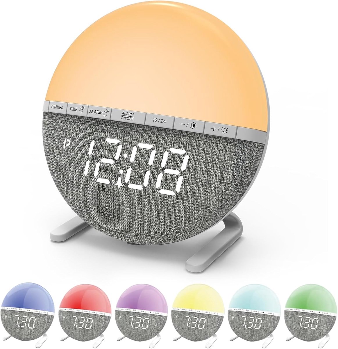 Daglichtwekker, lichtwekker, zonsopgangwekker, wake-up light, wekker met licht, digitale lichtwekker met led-display, 7 beltonen, 7 kleuren, bedlampje voor slaapkamer en thuis