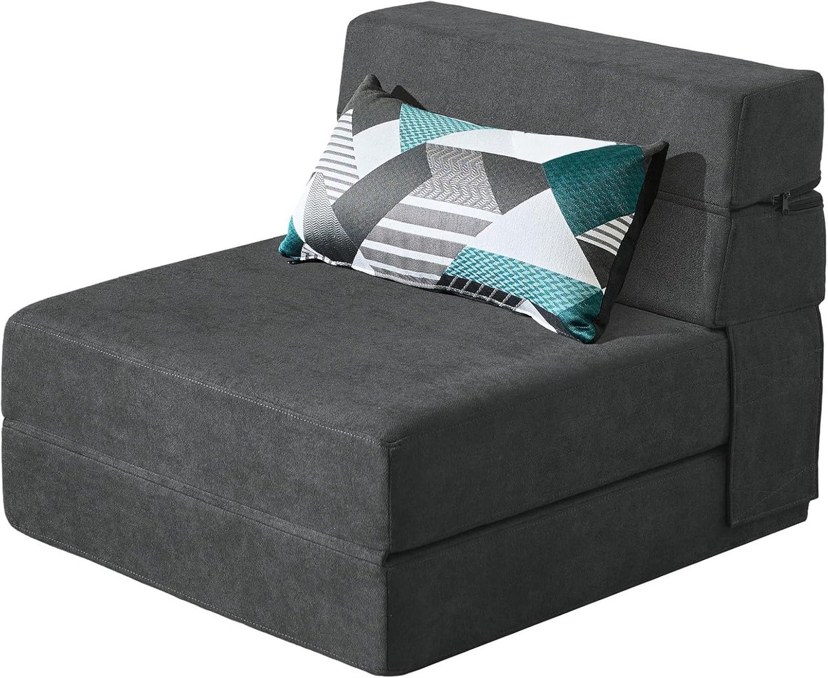 Traagschuim Uitklapbare Slaapbank met Kussen Twin Size Futon Slaapstoel voor Woonkamer Appartement (Single, Dark Grey) | Eendelig schuim met hoge dichtheid, met kussen, klittenbandbevestiging, afneembare overtrek, voor kleine ruimtes en logeerbed