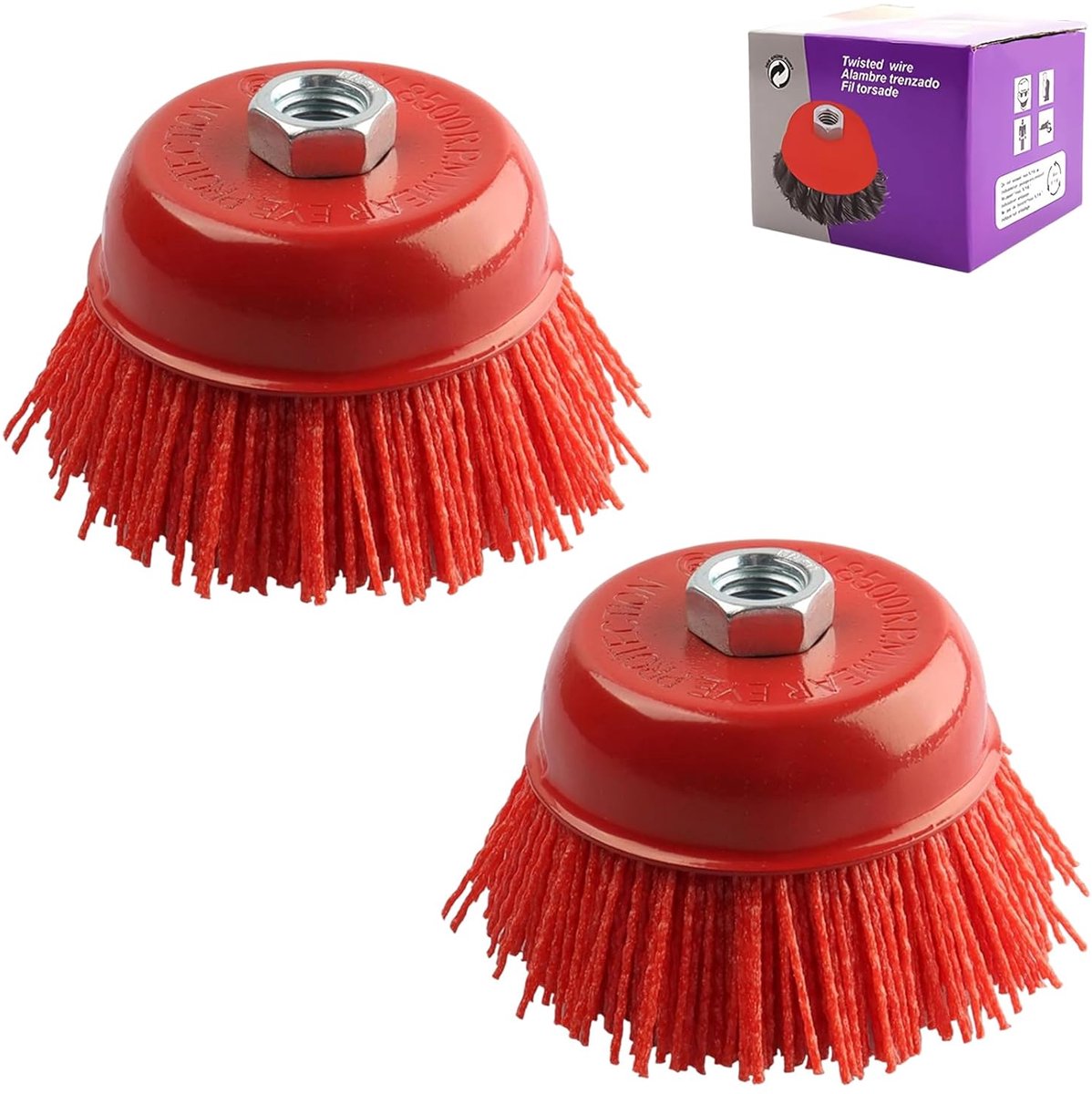 2 stuks nylon borstel M14, potborstel Ø 100 mm voor haakse slijper en boormachine, kunststof borstelharen met schuurkorrel, ideaal voor ontbramen, ontroesten en lakverwijdering, herbruikbaar
