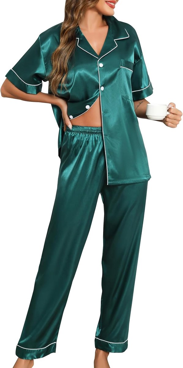 Korte damespyjama voor de zomer, satijn, korte mouwen, 2-delig, superzacht, zijden pyjama met knopen, S-XXL