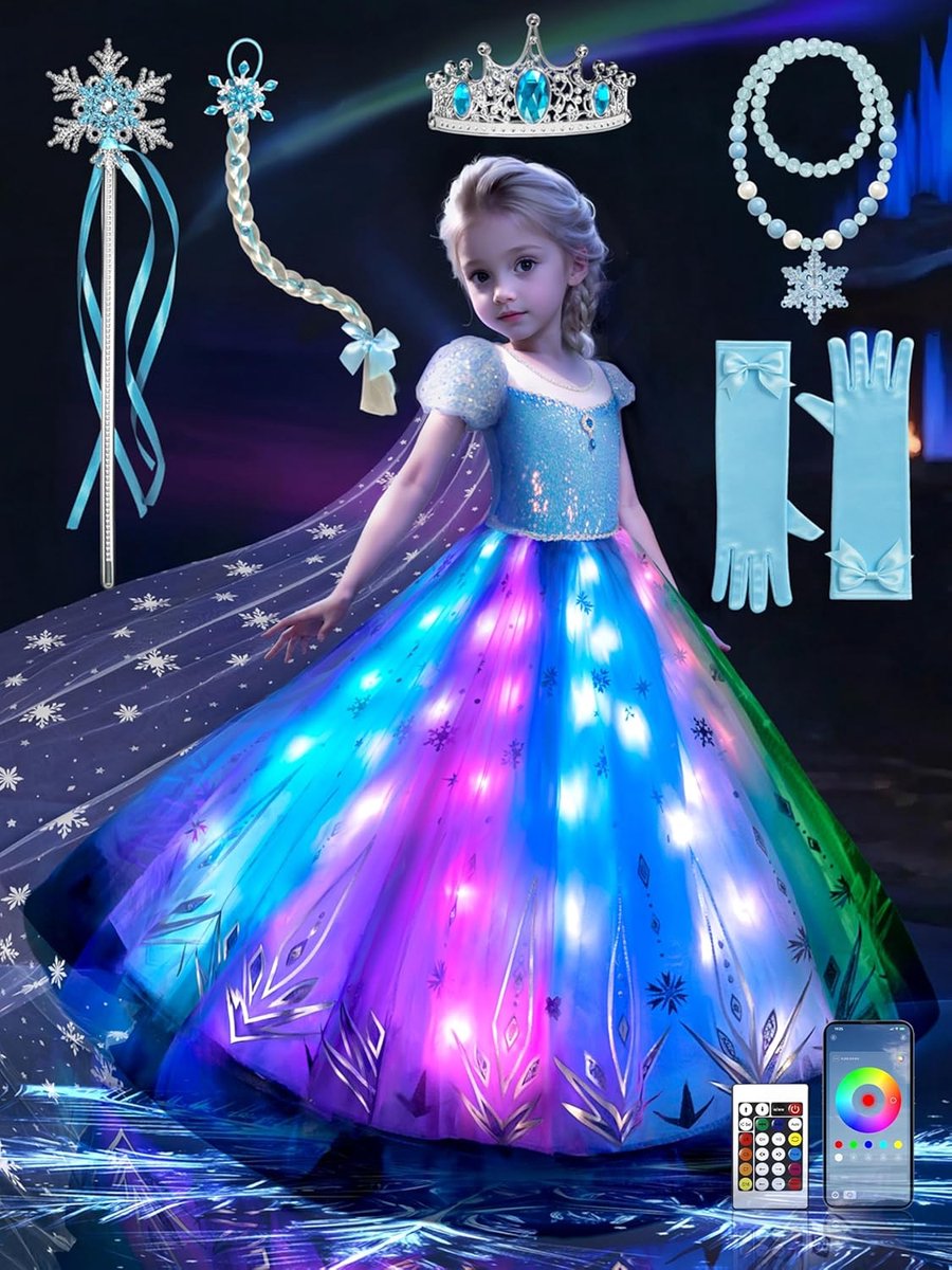 Prinsessenjurk voor meisjes, muzieksynchronisatie, prinsessenkostuum, app-bediening, voor Halloween, Kerstmis, carnaval, 6 stuks accessoires