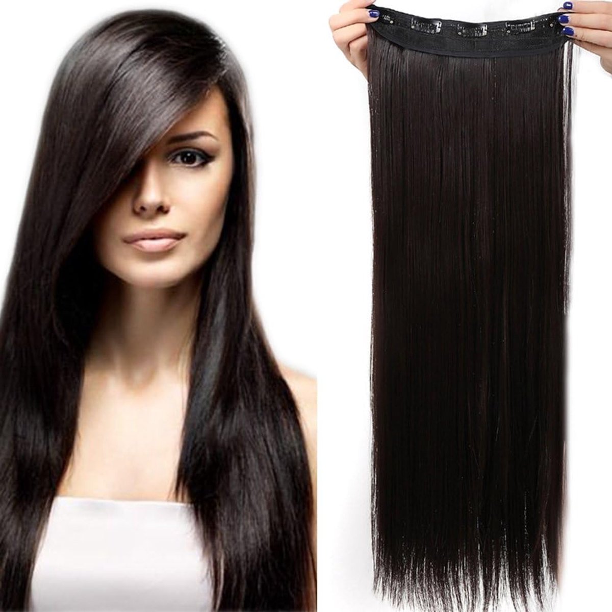 66cm haarstuk clip in extensions 1 vlecht 5 clips haarverlenging menselijk haar zoals menselijk haar steil donker bruin 26 “(66cm)-120g