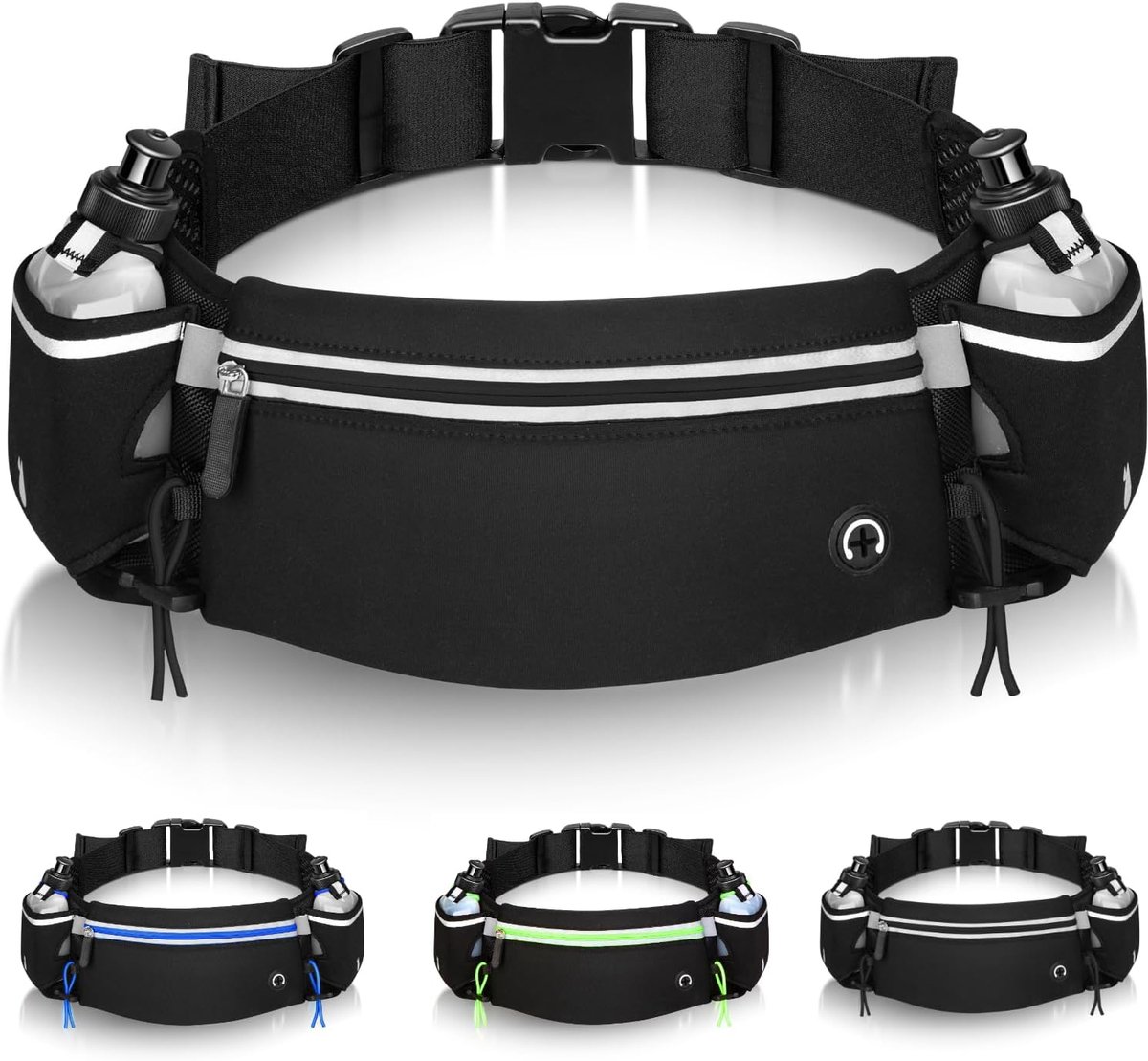 Waterfles Zwart Running Belt Large Marathon Trailrunning (+2 Bidons 175 ml) ✮LEVENSLANGE GARANTIE✮ Hydratatie Hardloop Accessoires Phone Heren Vrouwen Running Belt met Flesjes Reflecterende