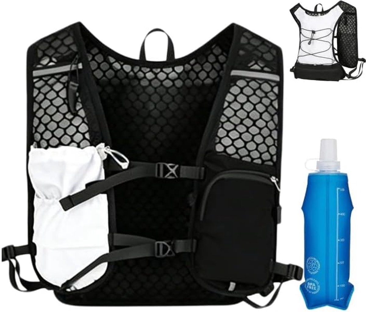 Hardloopvest voor dames en heren: ultralichte drinkrugzak met 500 ml drinkfles, multifunctioneel, verstelbaar loopvest voor hardlopen, fietsen, trails, marathons, camping, zwart-wit