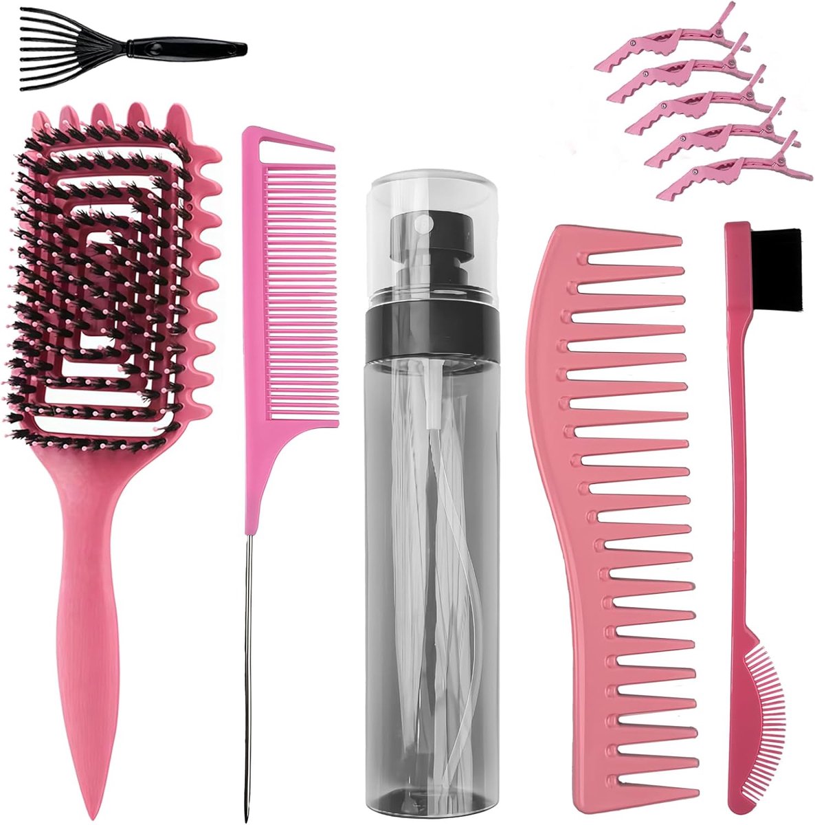 Haarborstels, krulhaarborstelset met krulborstel voor golvend krullend haar, haarspuitfles, toupetborstel, massaborstel, dubbele borstel en haarspelden (roze)