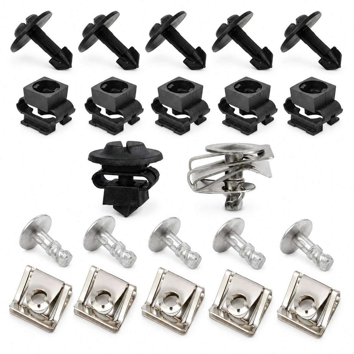 schroef moer clip kit, auto body undertray spatbord schroeven, metalen U-type bevestigingsclip, spatbordclip plaatmoeren kunststof montageset