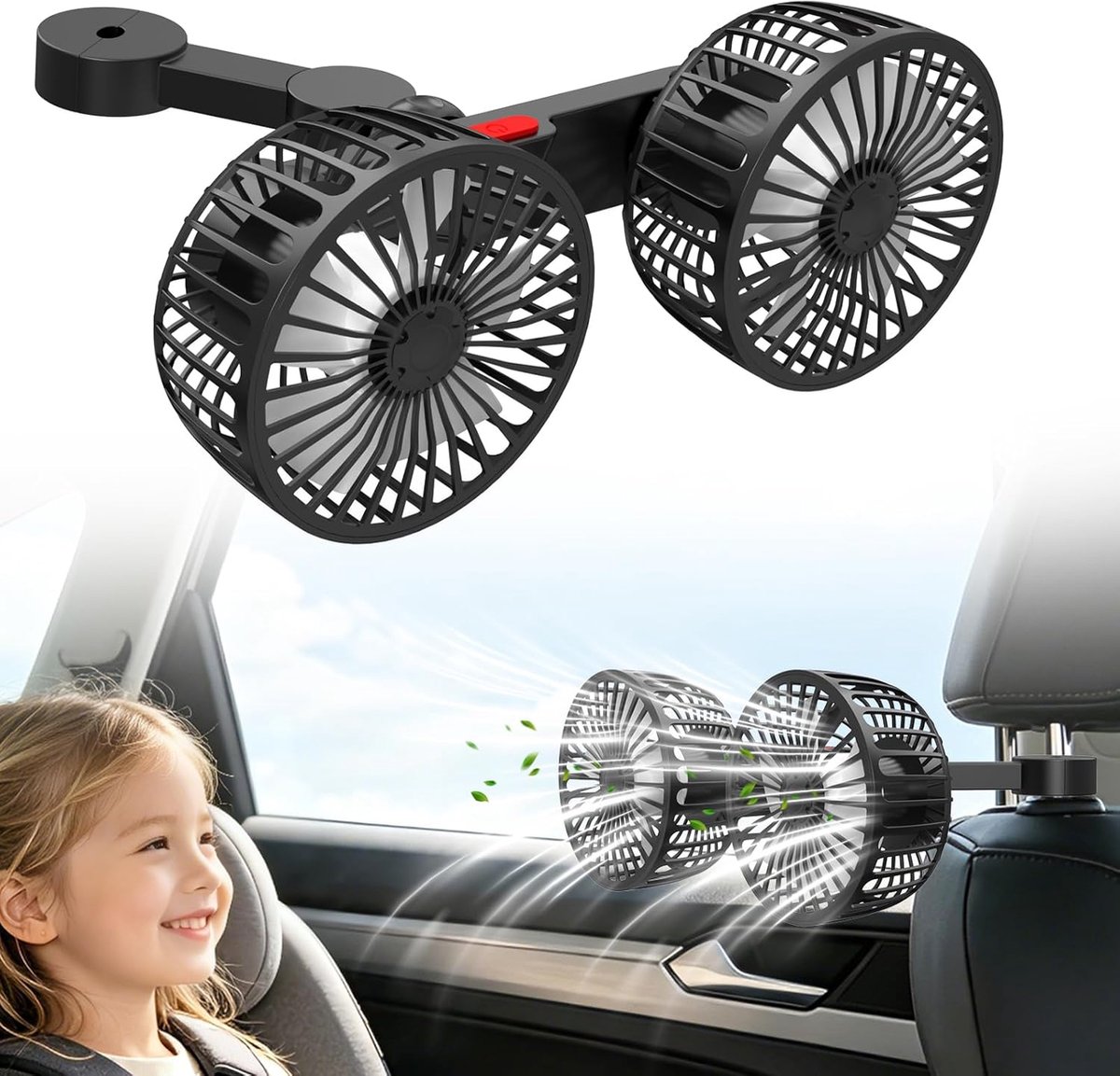SnelShoppen - USB Ventilator Auto, 360 Graden Rotatie Dubbel Hoofd Ventilator, 2 Snelheden, Auto Ventilator voor Truck, Van, SUV, RV met Parkeerplaat