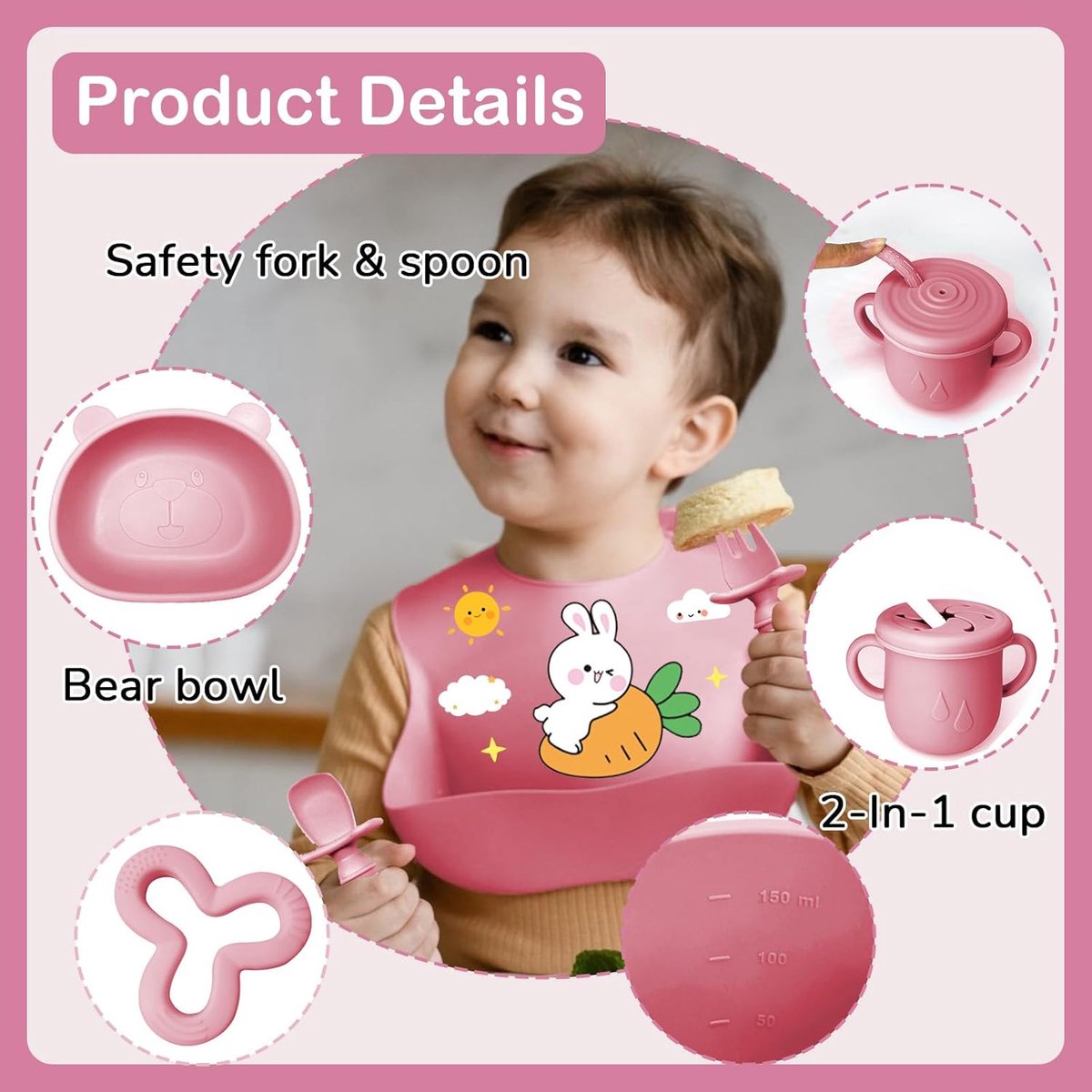 11-delige babyvoedingsset, spennenset van siliconen, bord met zuignap, kom, kopje, slabbetje, lepel, bestekset voor kinderen om te spenen en te voeden (roze2)