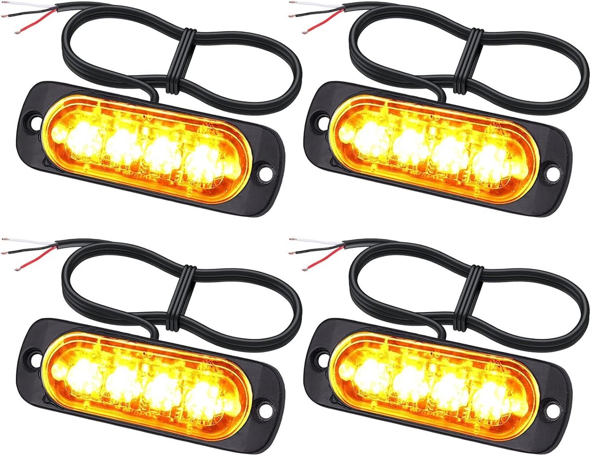 4X 4 LED Front Flasher, Oranje Waarschuwingslicht LED Flasher Lamp, 12/24V Waarschuwingslicht Stroboscooplicht Knipperlichten 18 Flash Modes Noodverlichting
