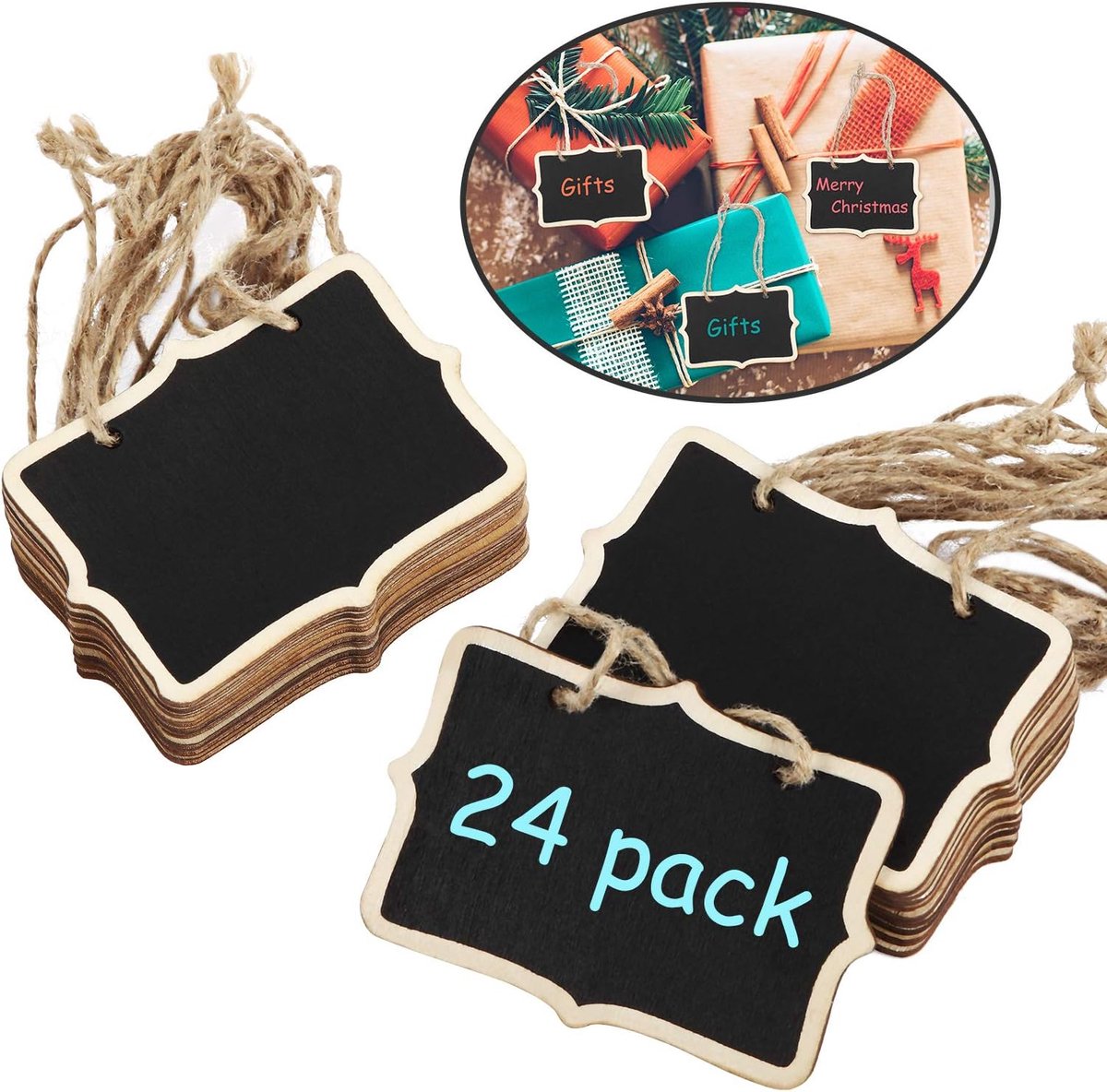 Hangende houten schoolbordborden 9,35 x 5,36 cm mini houten schoolbordlabels rechthoek schoolbordlabels massagebord borden (24 stuks)