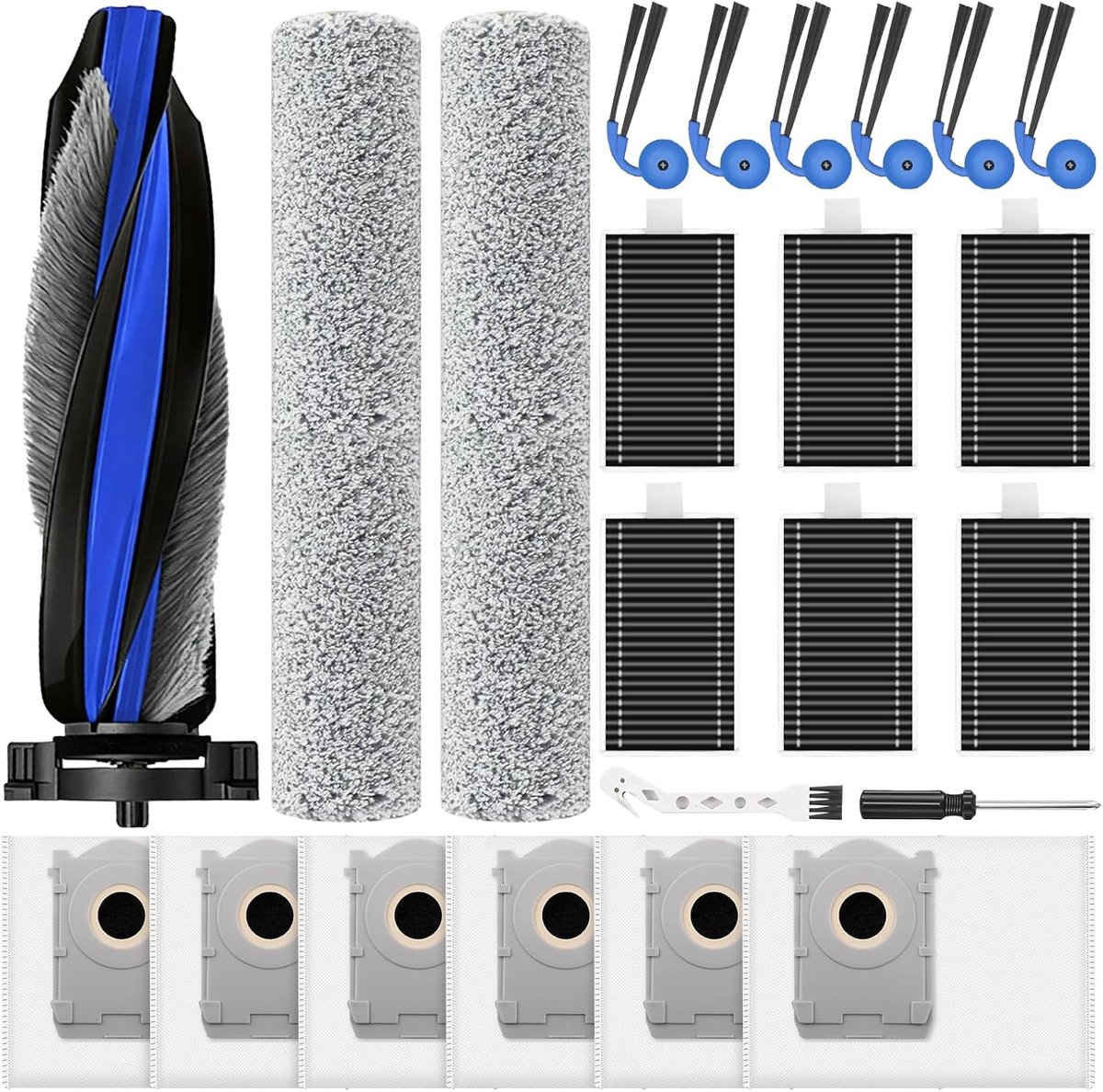 23 stuks accessoires voor ECOVACS DEEBOT T90 PRO Omni / T90 Omni / X12 / X9S PRO Omni robotstofzuiger, 1 hoofdborstel, 6 zijborstels, 6 filters, 6 zijborstels, 2 wisrollen, 1 reinigingsborstel, 1