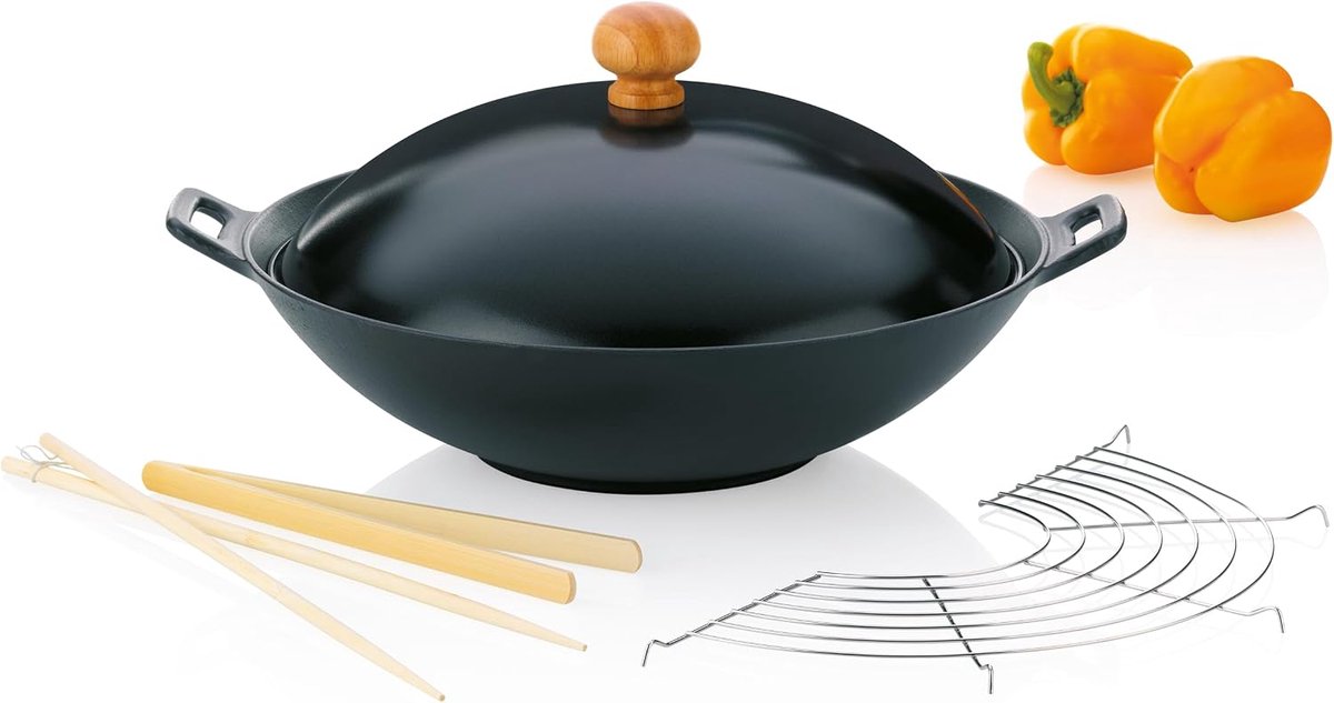 77943 Wok-set met deksel, geschikt voor inductie-kookplaten, diameter van 36 cm, Wok-set Azië, zwart, 36 x 36 x 10 cm