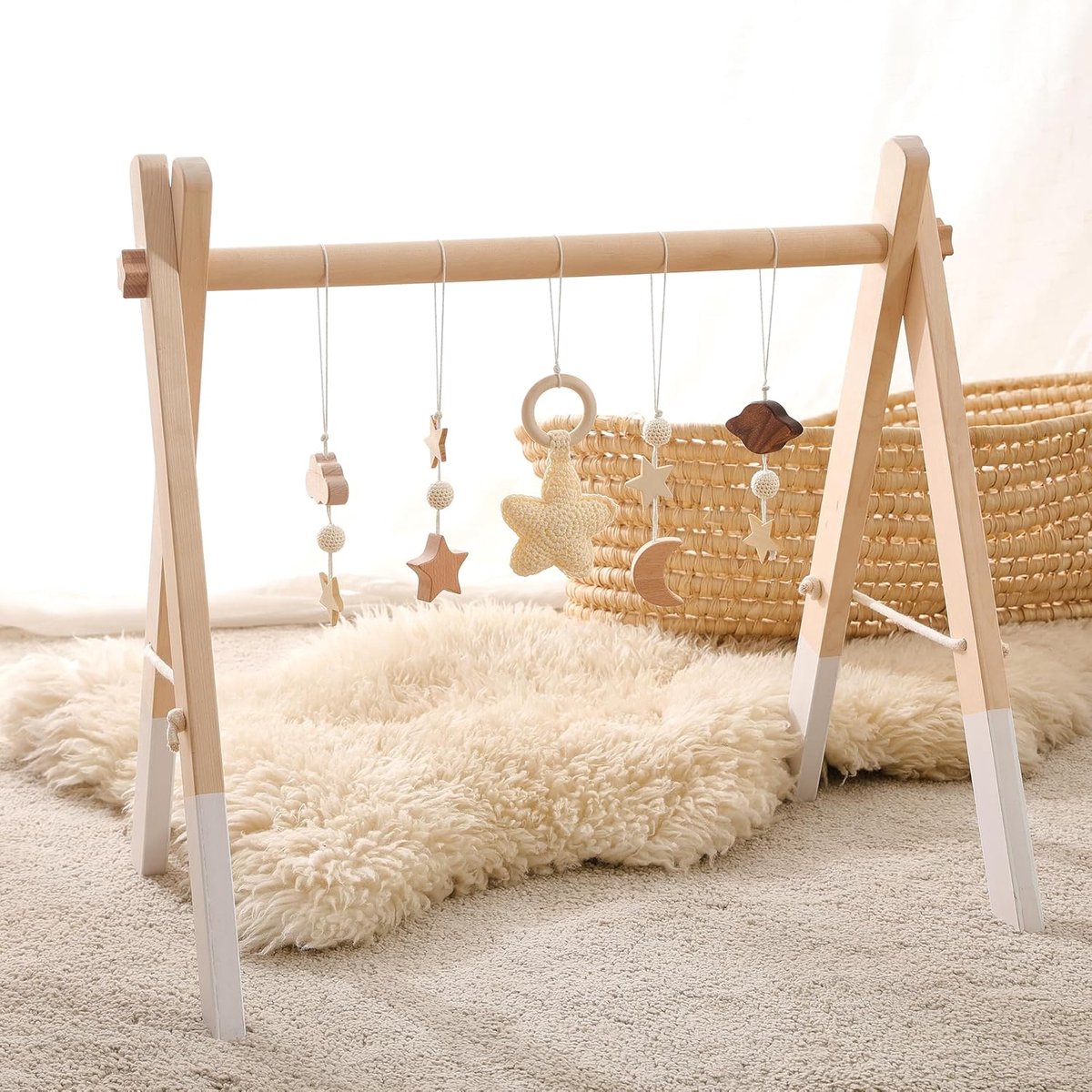 Speelboog voor kinderen, hout, fitnessstudio, baby, spel, baby, speelplaats, spel, baby, beige, sterren, afneembaar ontwerp, houten speelboog