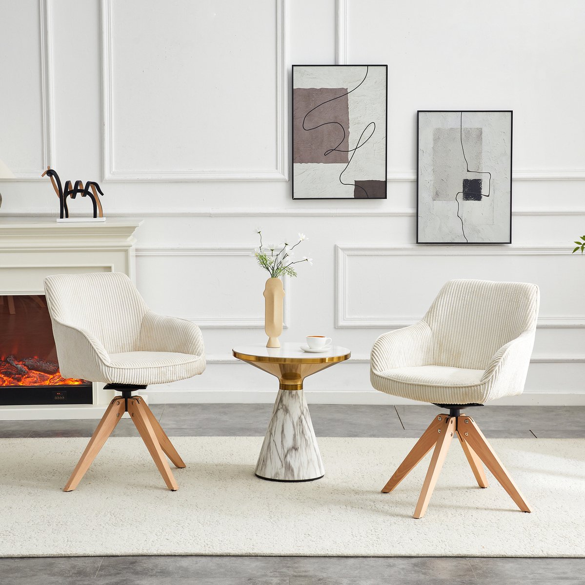 MIVRAY Eetkamerstoel Set van 2 - Draaibare Kuipstoelen Met Armleuningen - Retro Voor Eetkamer, Woonkamer En Bureau - Fluweel En Hout - Off White