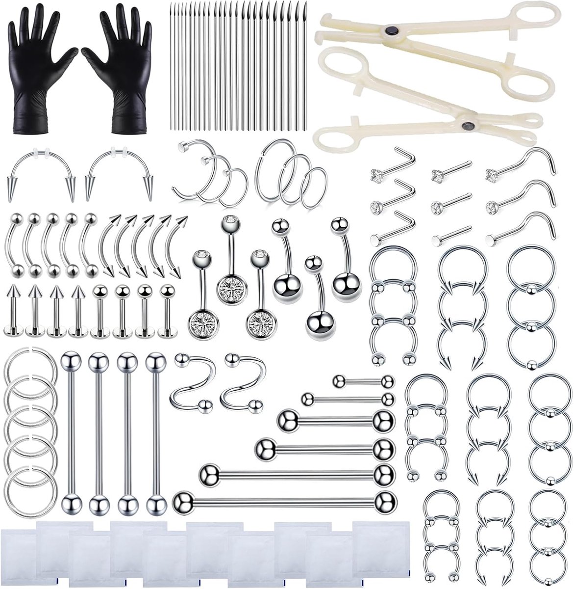 124 stuks lichaamspiercingset, voor neusnavel, tong, lichaam, alle lichaamspiercinggereedschapset met 12G 14G 16G 18G 20G piercingnaalden., 1, Edelstahl, Geen