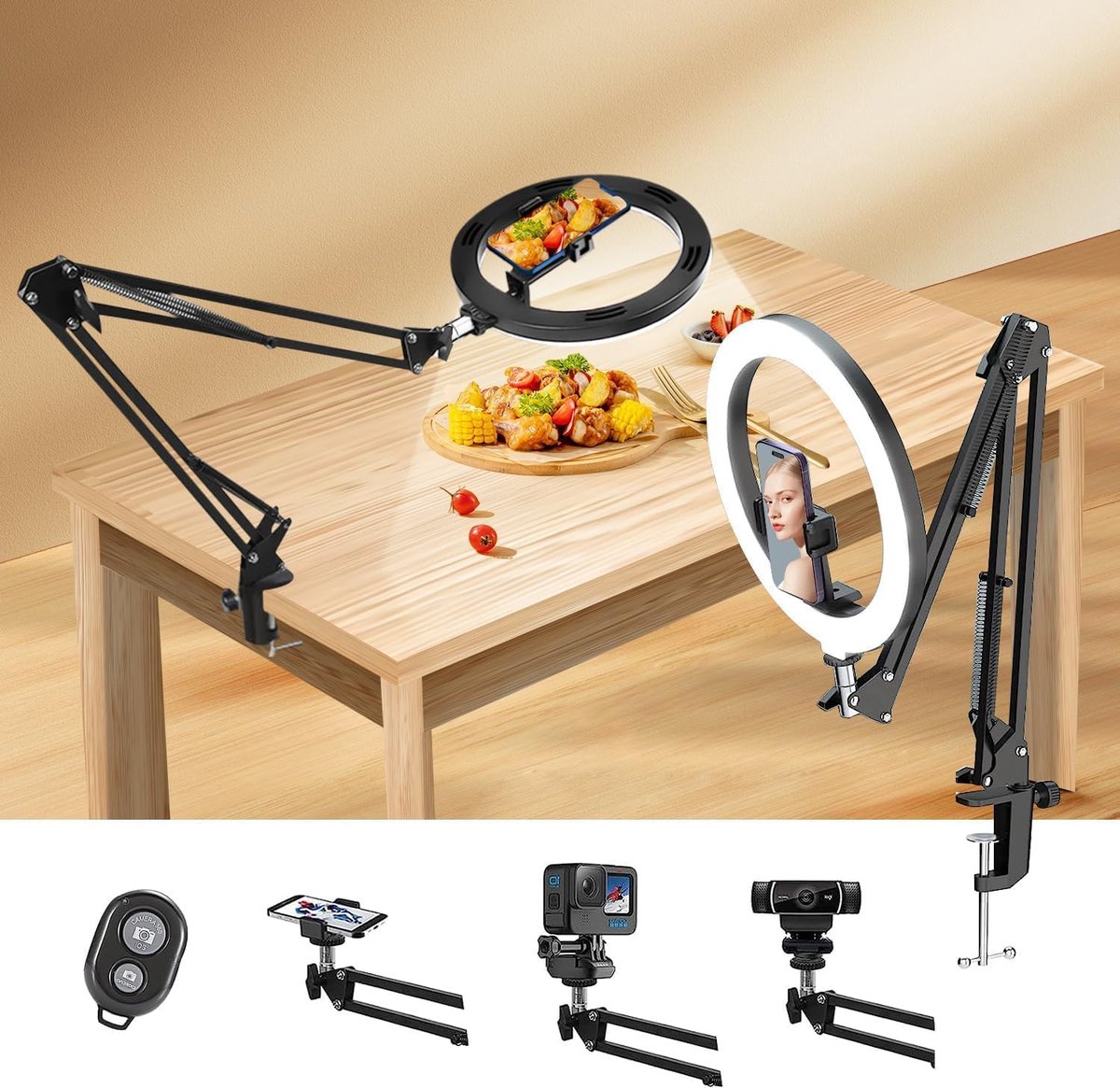yAyusi Overhead Ring Light met Statief, 360° Draaibare Flexibele Tafeltelefoon Statief Ring Light, Overhead Camera Tafelstatief, Dimbaar LED Ring Light voor Video/Livestreaming/Vlo