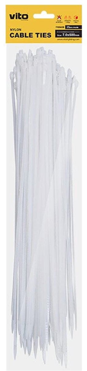 VITO Kabelbinder 7.0x500mm - Wit - 25 stuks in blisterverpakking Kunststof Kabelklem voor grote Kabelbundels - Kabelbinder - Tieraps