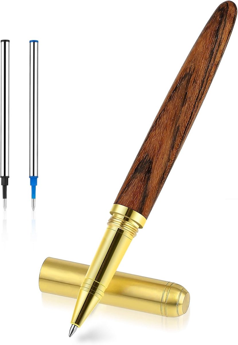 Luxe ollerbalset van hout, retro balpen met 0,5 mm fijne punt en 2 inktvullingen. Opvallende rollerbalpen, zacht schrijven voor dagboeken, kantoor, schoolbenodigdheden (A)