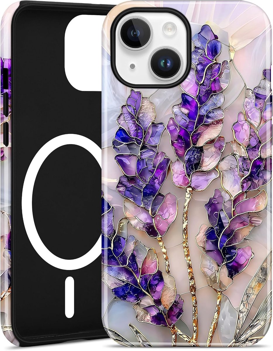 Vintage bloemen magnetisch hoesje voor iPhone 15, paars lavendel | Compatibel met MagSafe, esthetisch vintage wildflower-ontwerp, draadloos opladen, TPU en pc-schokbestendig