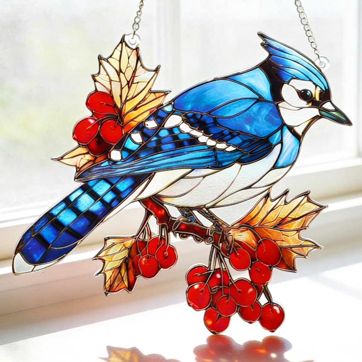 raamdecoratie, hangend, blauwe gaaien, zonnevanger, knutselen, gekleurd glas, woondecoratie, decoratie, woonkamer, gekleurd glas, zonnevanger, cadeaus voor vrouwen, mannen, mama, 20