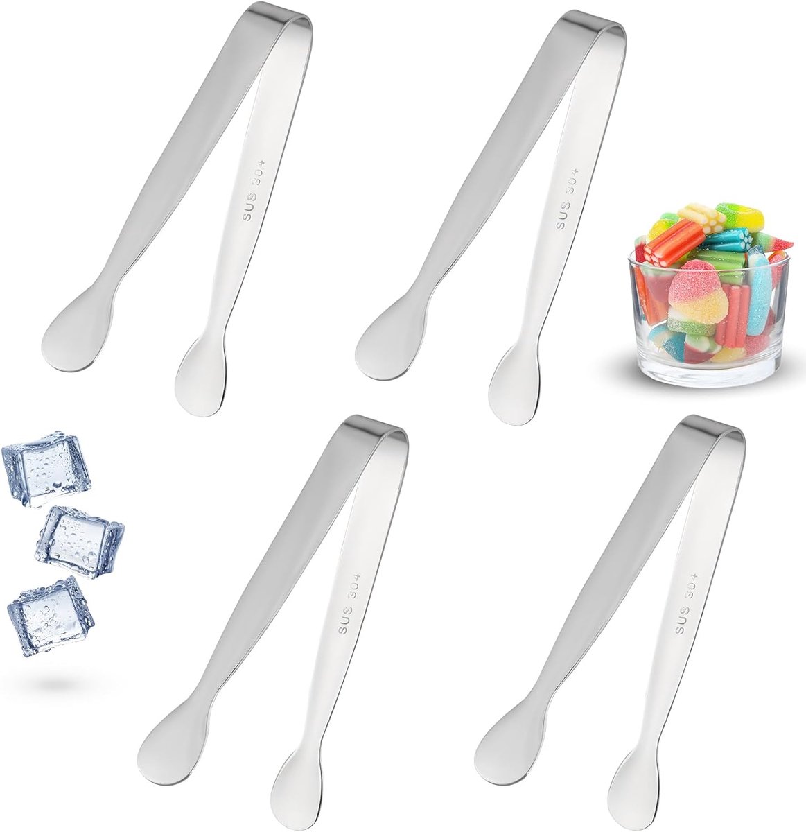 4 stuks minitang, 4,3 inch roestvrijstalen mini-serveertang voor voedsel, ijs, salade en desserts (zilver)